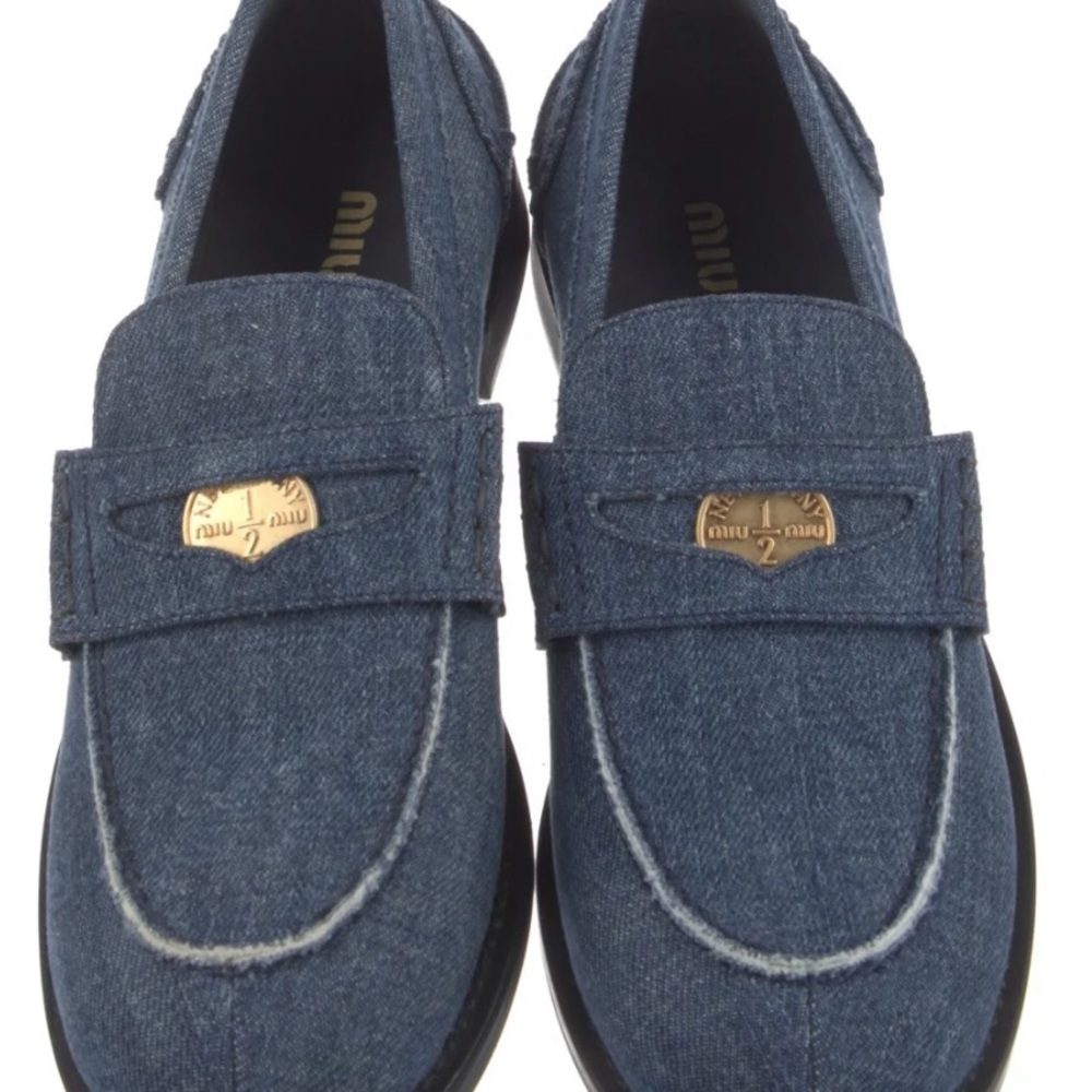 Miu Miu Blue Flats with Gold Strap Accent